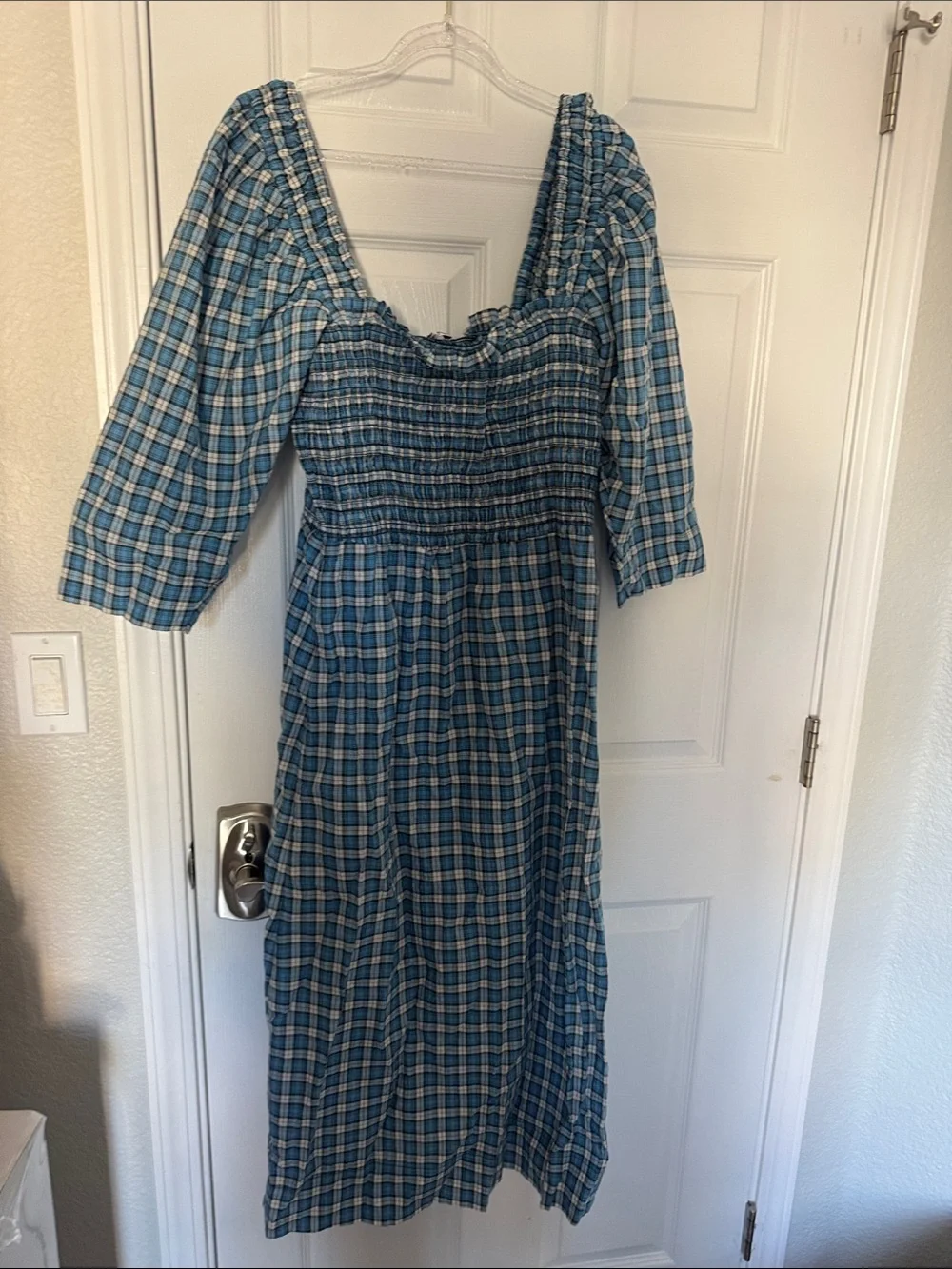Ganni Blue Plaid Smocked Midi Dress